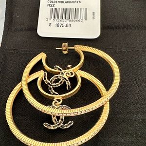 Gold / Black / Crystal Chanel hoop earnings. original tags box and receipt
